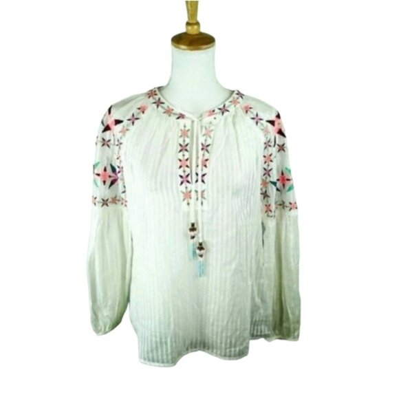 Bella Vere Embroidered Boho Peasant Top Cream - Picture 1 of 8